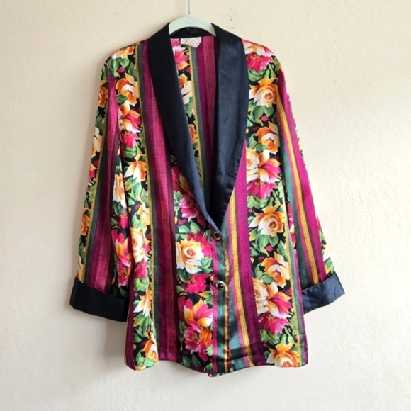 Victoria's Secret Vintage Gold Label Floral Satin Silky Blazer Smoking Jacket M - Picture 5 of 14